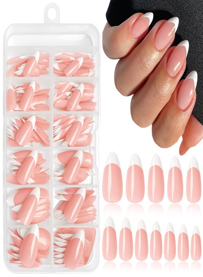 Lifextol 216PC White French Tip Press on Nails Medium Fake Nails Press ons with 10*Adhesive Tabs, Pink Almond Acrylic Nail Press on Nails French Tip Nails False Artificial Fingernails Stick on Nails - Image 1